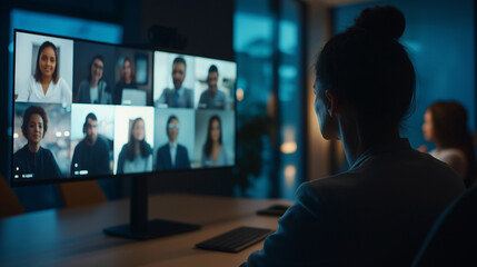 Fototapeta premium A businesswoman participates in a virtual meeting with colleagues in a modern office setting during the evening