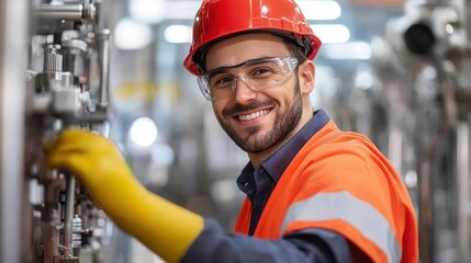 A smiling engineer in safety gear works on machinery, showcasing professionalism and attention to safety in an industrial setting.