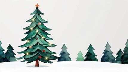 Obraz premium Watercolor of a Christmas tree in a snowy forest, illuminated by soft lights and adorned with woodlandthemed ornaments, a peaceful holiday retreat