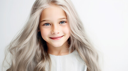 Fototapeta premium Portrait of a chic cute beautiful blonde child girl with long white hair and perfect skin, white background, banner.