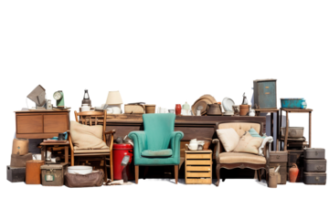 A Symphony of Secondhand Treasures: A Collection of Vintage Furniture and Home Decor on a White or Clear Surface PNG Transparent Background.