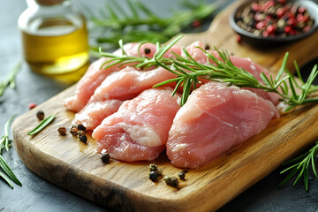 Raw chicken meat cutting on a wooden board commercial advertising photo