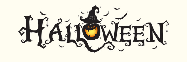 Horizontal Halloween Text Banner With Flying Bats, Pumpkin , White Background Vector.