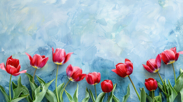 old vintage grunge wide paper journal with empty space in the middle and watercolor blooming tulips flowers with leaf border frame