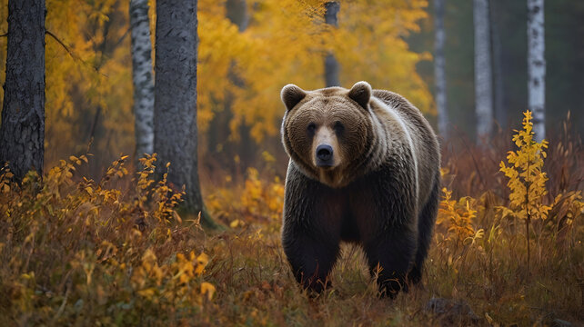 Brown bear walking in autumn forest. Scientific name: Ursus arctos.