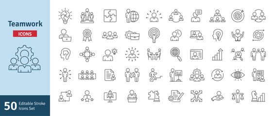 Teamwork and Business People Line Icon Set. Planning, Strategy, Marketing, Leadership, Work Group, Meeting, Partnership. Line Icons Collection Editable Stroke Vector Illustration.