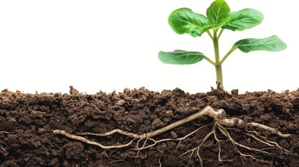 close-up of soybean plant with roots in soil on white background, showcasing healthy growth and lush green foliage in high-resolution detail for agricultural and botanical projects