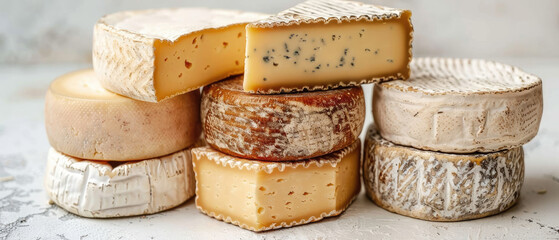 different types of cheese close-up view on top of each other from side view on clean background
