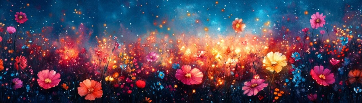 A vibrant floral landscape filled with colorful blossoms against a dreamy, glowing background showcasing enchanting hues.