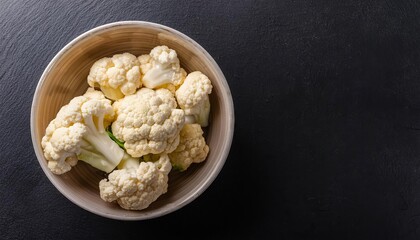  Cauliflower in a bowl on a black background, top view, copy space