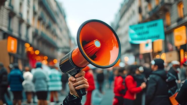 Hand holding a megaphone during a street protest, with blurred crowd and city buildings in the background
