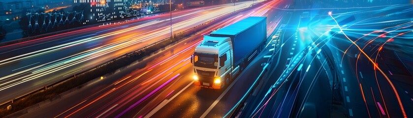 Cargo Trucks Navigating Vibrant Urban Landscape Blending with Digital Data Streams