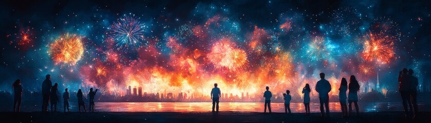 A vibrant night sky filled with colorful fireworks, as silhouetted figures enjoy the spectacular display.