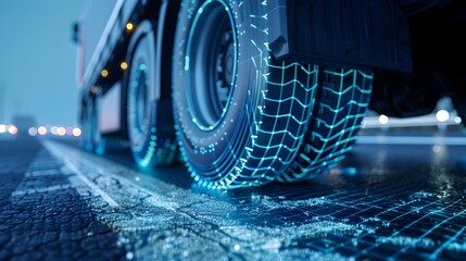 Close up of Truck Tire Rolling over Digital Map Projection Representing Precision in Cargo Delivery and Road Transportation