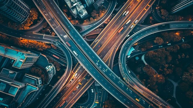 Aerial View of Intricate Transportation Network with Highways Railways and Shipping Routes