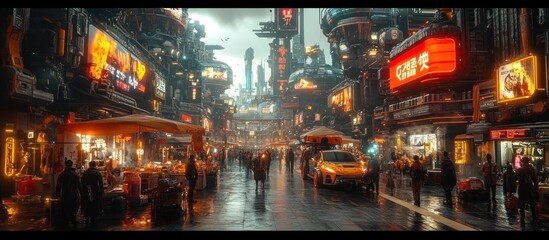 Obraz premium Cyberpunk Cityscape: A Futuristic Street Market