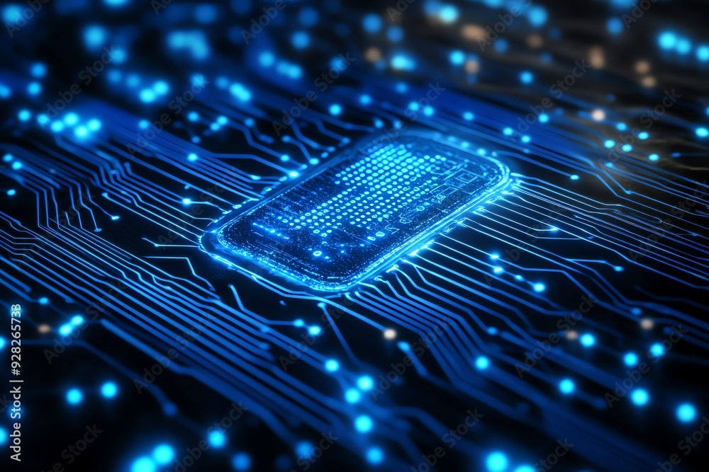 Poster futuristic blue circuit board with glowing microchip.