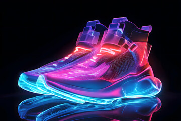 Fototapeta premium Futuristic urban fashion sneakers with neon glow, futuristic design mock up isolated on black background