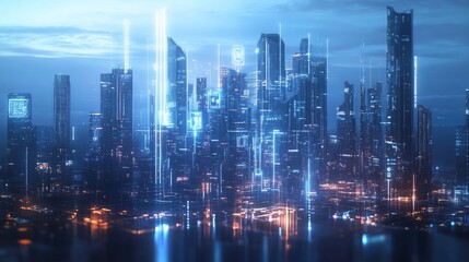 Fototapeta premium Futuristic cityscape with holographic icons of global business ideas emerging, blending technology and innovation. Space for text in the foreground.