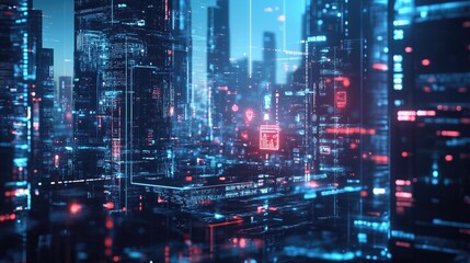 Fototapeta premium Futuristic cityscape with holographic icons of global business ideas emerging, blending technology and innovation. Space for text in the foreground.