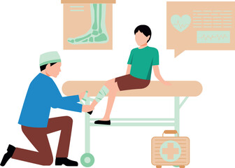 The doctor is bandaging the boy's leg.