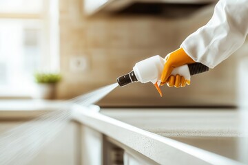 Close-up of a pest control spray reaching under kitchen appliances, focus on nozzle, pest control, household sanitation