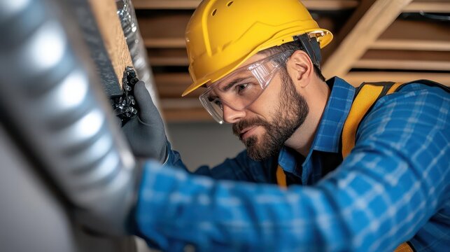Close-up of a pest control professional checking traps in an attic, safety check, pest control, home maintenance