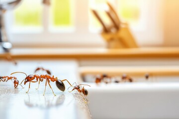 Naklejka premium Close-up of ants exploring a kitchen countertop, showcasing their detailed features and the clean environment around them.