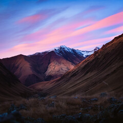 Beautiful Juta valley hiking route with scenic mountain snowy peak background. Kazbegi national park landscape