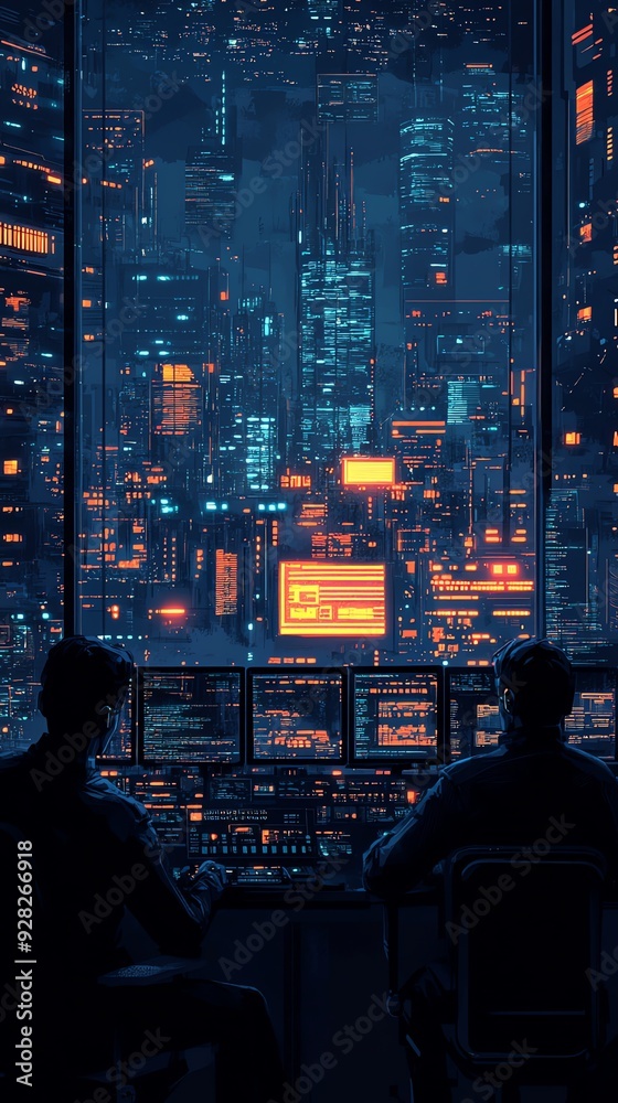 Poster futuristic cityscape viewed from a window.