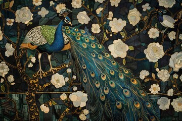 An elaborate embroidery of peacock and tree, white flowers, dark background, chinoiserie style