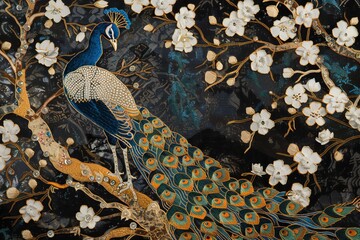 An elaborate embroidery of peacock and tree, white flowers, dark background, chinoiserie style