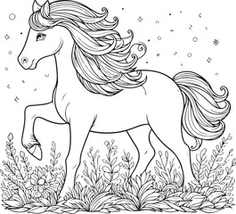 Horse line art coloring book illustration