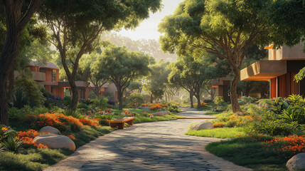 A path in a forest with a house on the right. The path is lined with trees and flowers