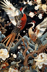 An elaborate embroidery of peacock and tree, white flowers, dark background, chinoiserie style