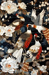 An elaborate embroidery of peacock and tree, white flowers, dark background, chinoiserie style