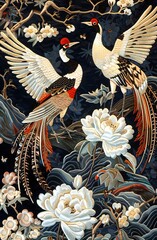 An elaborate embroidery of peacock and tree, white flowers, dark background, chinoiserie style