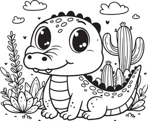 A crocodile line art coloring book illustration for kids