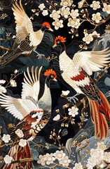 An elaborate embroidery of peacock and tree, white flowers, dark background, chinoiserie style