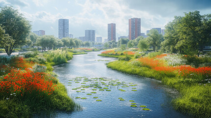 Fototapeta premium A river runs through a park with a city in the background. The water is calm and the grass is lush. The scene is peaceful and serene