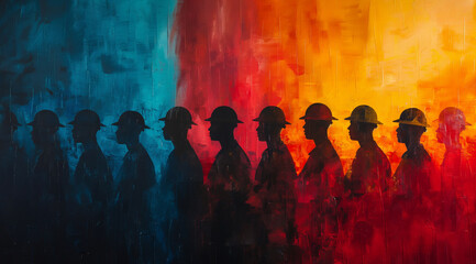 Workers in helmets on a colorful background, created with Generative AI technology.