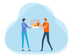 flat illustration design business food delivery concept. with delivery man delivering food to a woman at home concept
