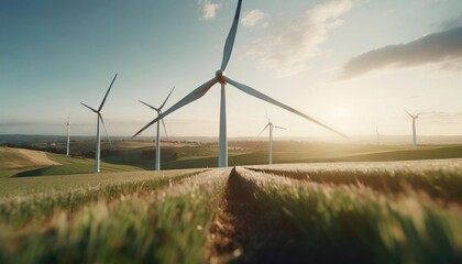 Fototapeta premium Wind turbines in field during sunset