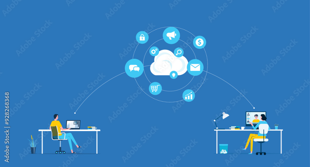 Poster flat vector business people  smart working online anywhere with technology cloud  computing server service concept
