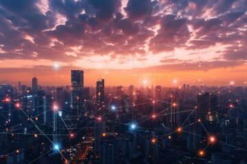 City Skyline with Digital Web at Sunset