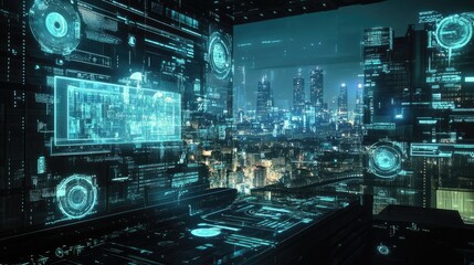 AI-driven world, autonomous systems, futuristic urban landscape, holographic displays