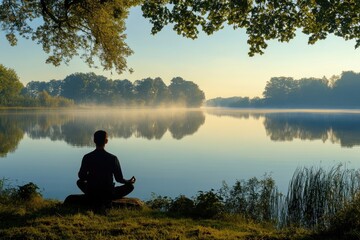 Morning meditation by a serene lake, Monday morning, mindfulness and tranquility