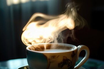 First sip of coffee with steam rising, Monday morning, invigorating start