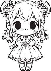 Cute little girl lineart coloring book illustration