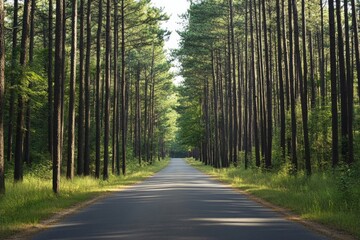 Fototapeta premium Road cutting through dense forest, towering pines on either side, dramatic and scenic
